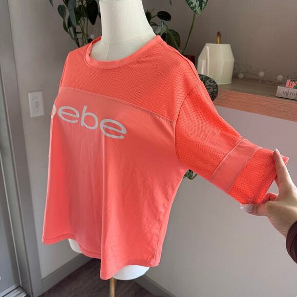 Bebe Authentic Sport Logo Mesh Tee Orange M Y2K Retro Activewear Sporty Logo - Picture 3 of 7